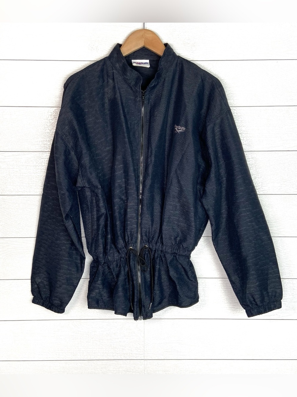 Vintage Reebok Nylon Drawstring Jacket Zip Navy Blue Logo XL 90s USA
